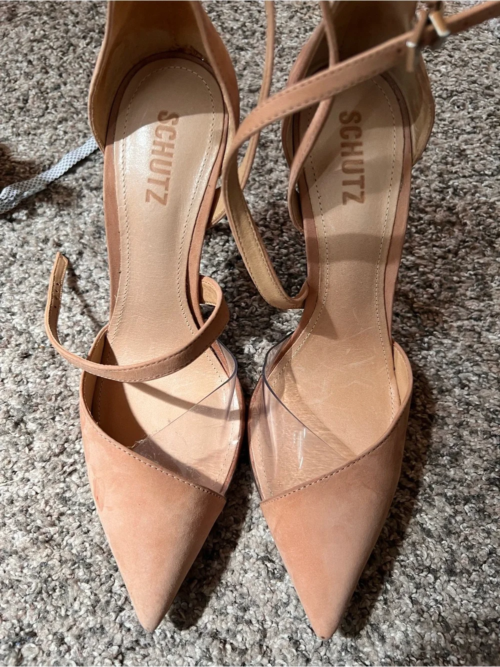 SCHUTZ Nude/Tan Pointed-Toe D'Orsay Ankle Strap Heels
